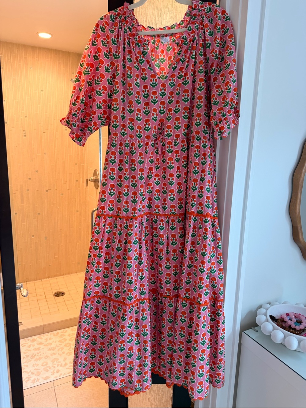 Pink City Prints Pink Floral Puff Sleeve Tiered Maxi Dress